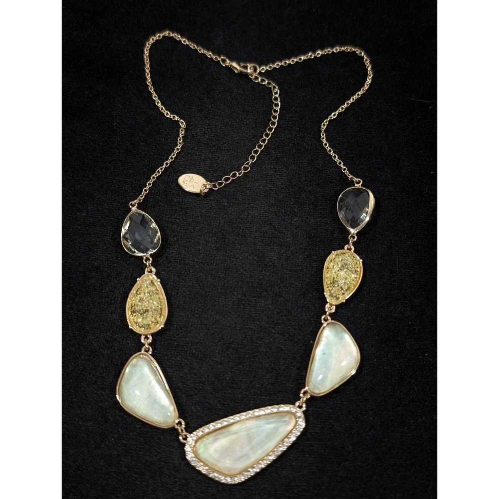 Boho Yellow Gold Tone Cabochon Beige Champagne Statement‎ Crystal Necklace 21 in